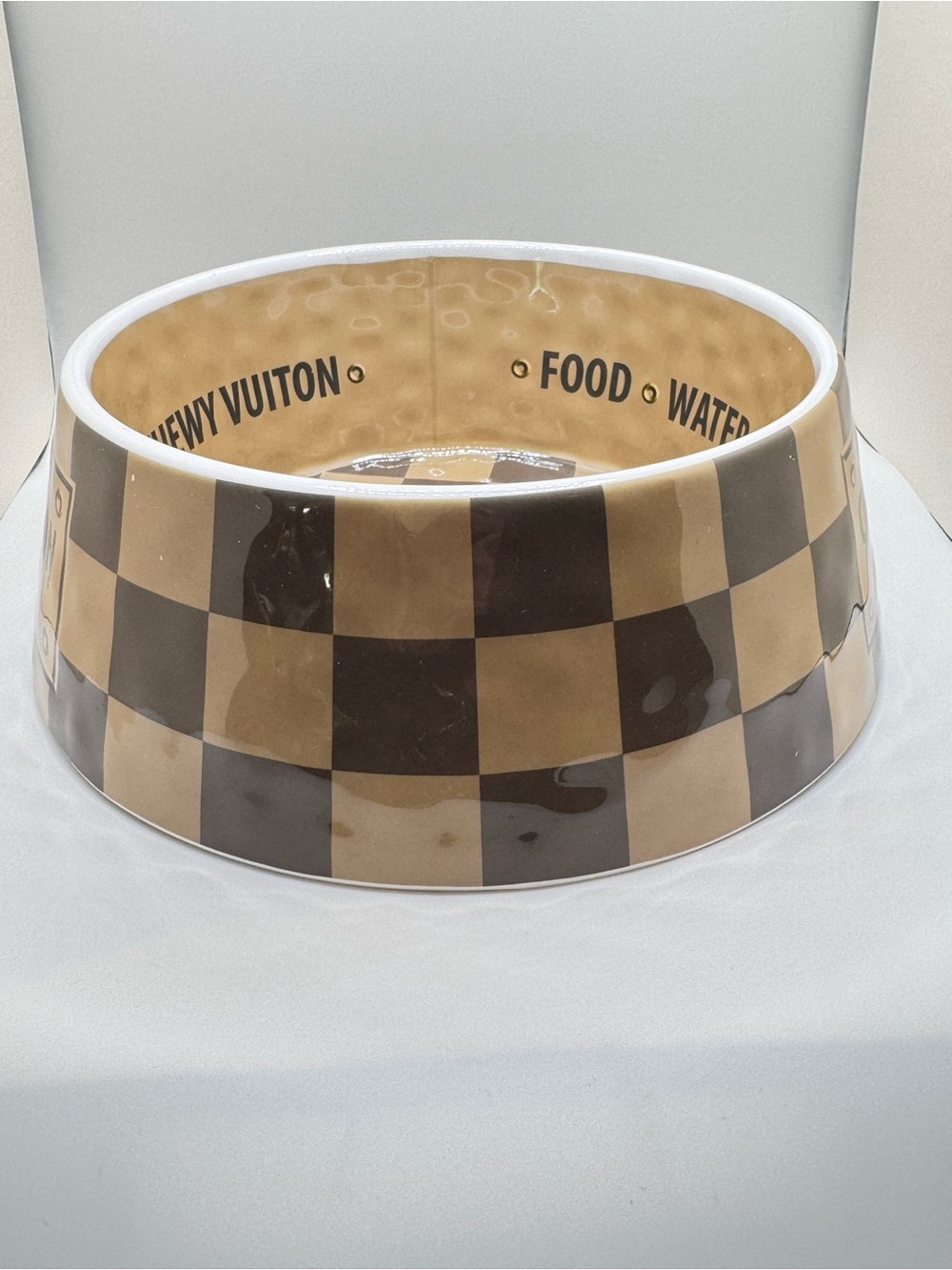 Chewy Vuiton Paris Dog Bowl Tan & Brown Checkered “Luxury” Pet Food Water Bowl - Picture 8 of 8